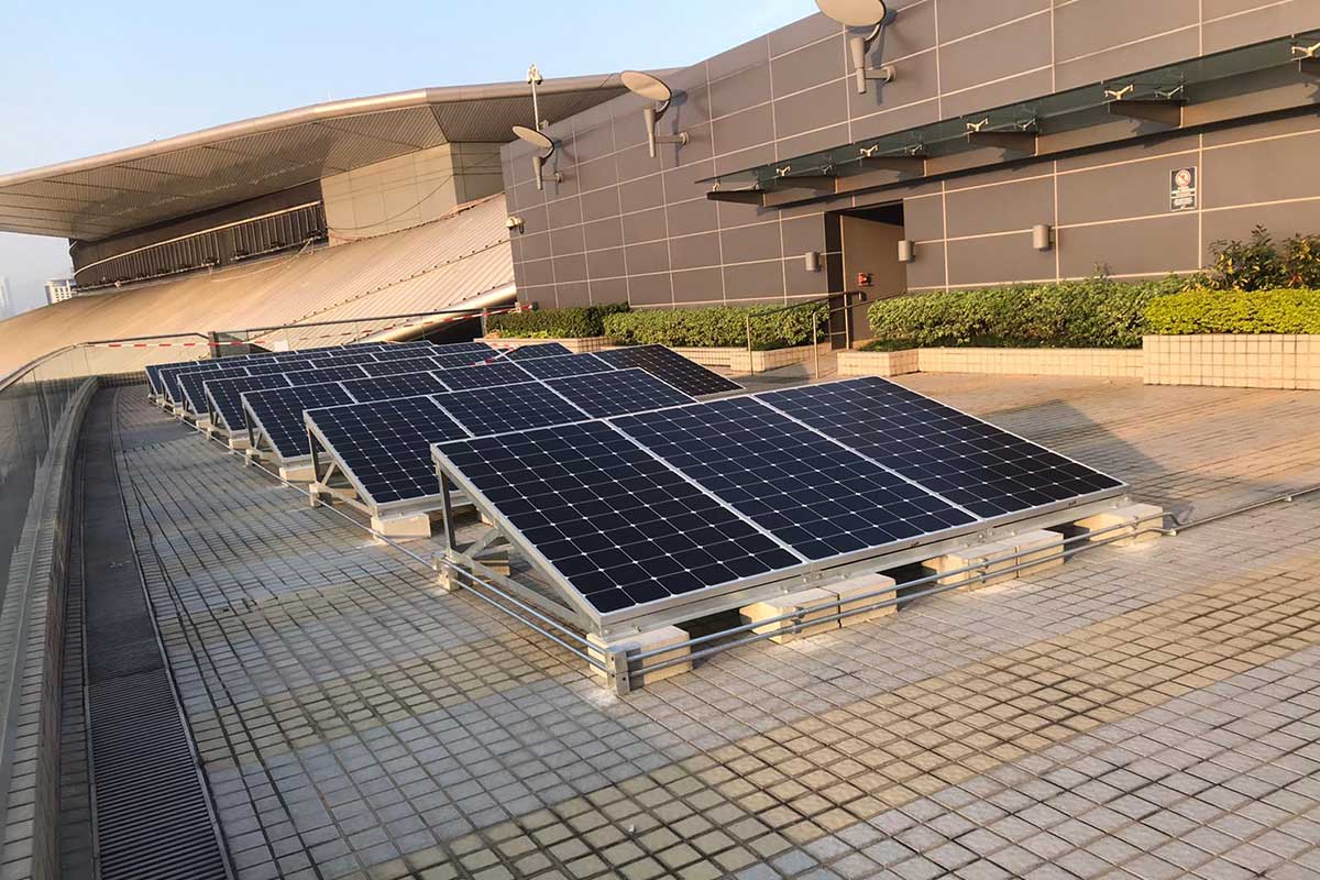 Renewable energy is generated through rooftop solar panels.